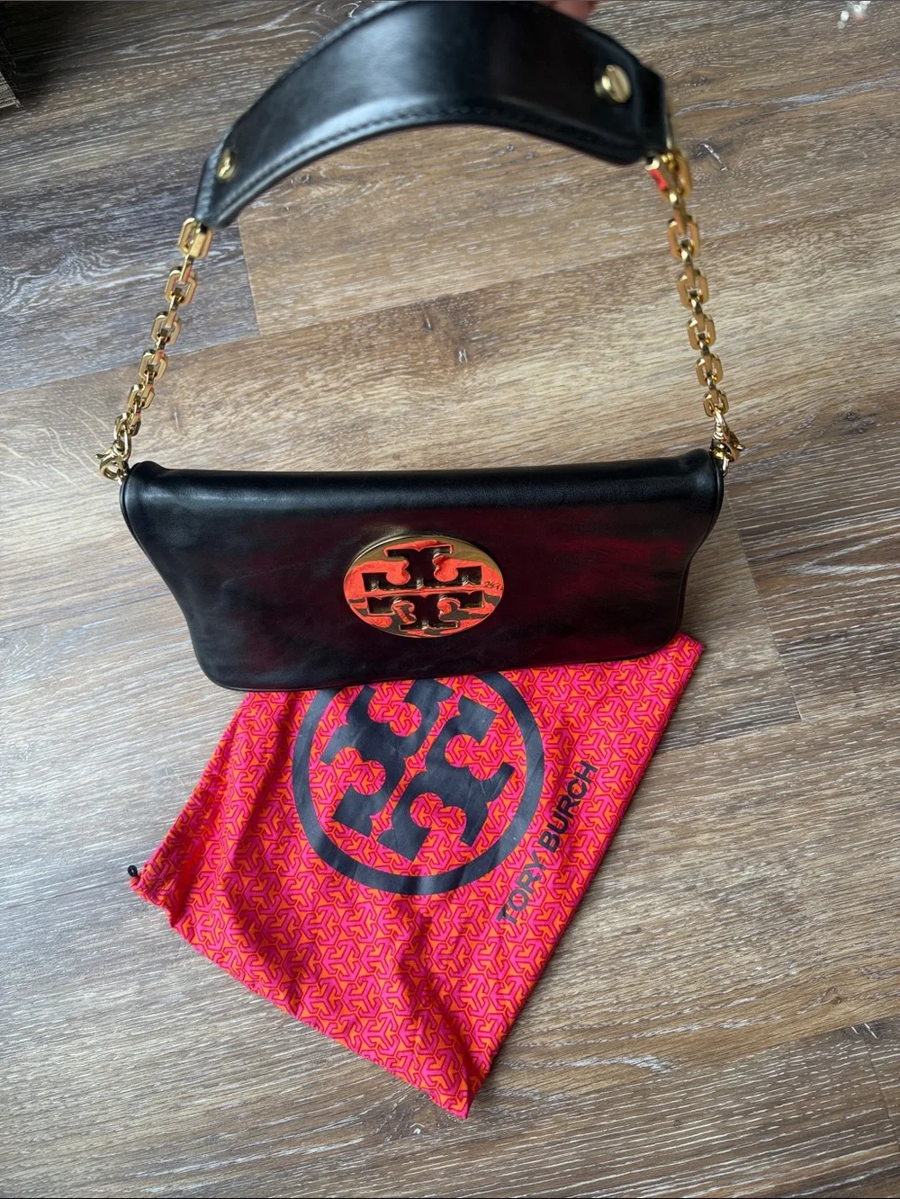 Tory Burch Black Leather Logo Clutch with Gold Medallion and Chain Strap